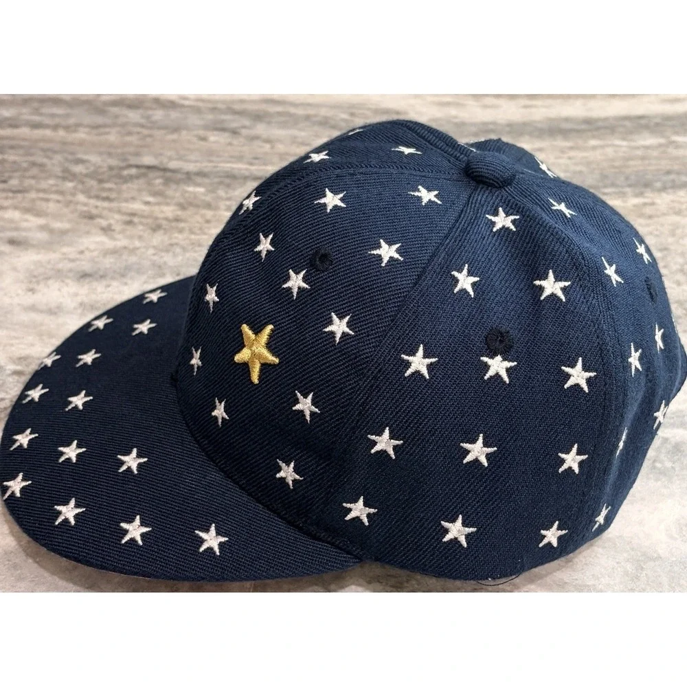 Vintage Kids Star Print Snapback Hat Navy Blue Gold Star 52cm Youth Cap